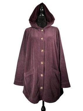 J. Jill Purple Corduroy Coat Hooded Button-Up Long Jacket Velvet Plum Spring